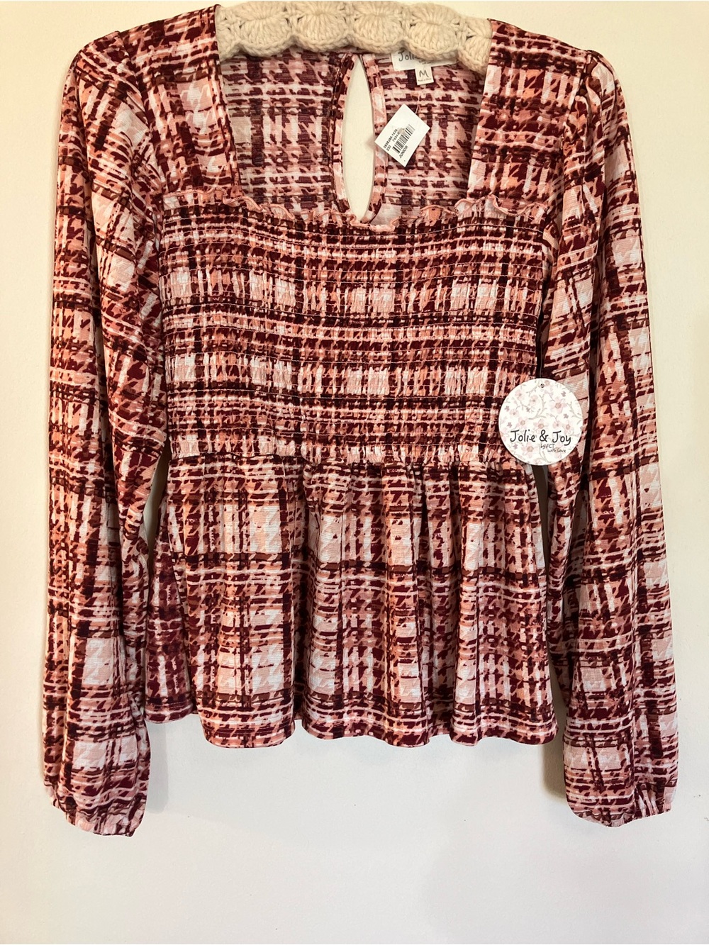 Jolie & Joy Smocked Peplum Tunic in Rose and Burgundy Plaid